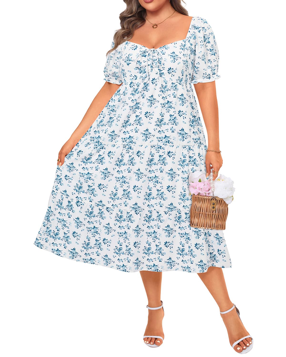 Talisea Plus Size Spring Dresses Women Floral Summer Boho Sundress Casual Beach Blue White Milkmaid Flowy Easter Midi Dress