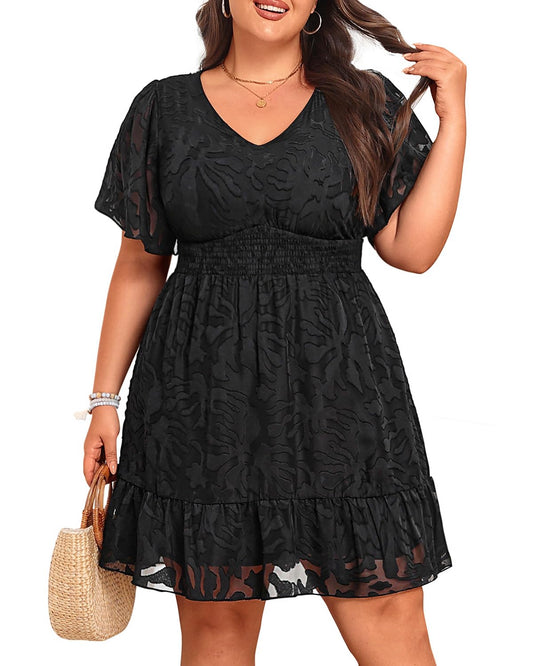 Pinup Fashion Black Plus Size Summer Dresses Graduation Casual Semi Formal Floral Lace Flutter Sleeve Smocked Short Dresses 2025