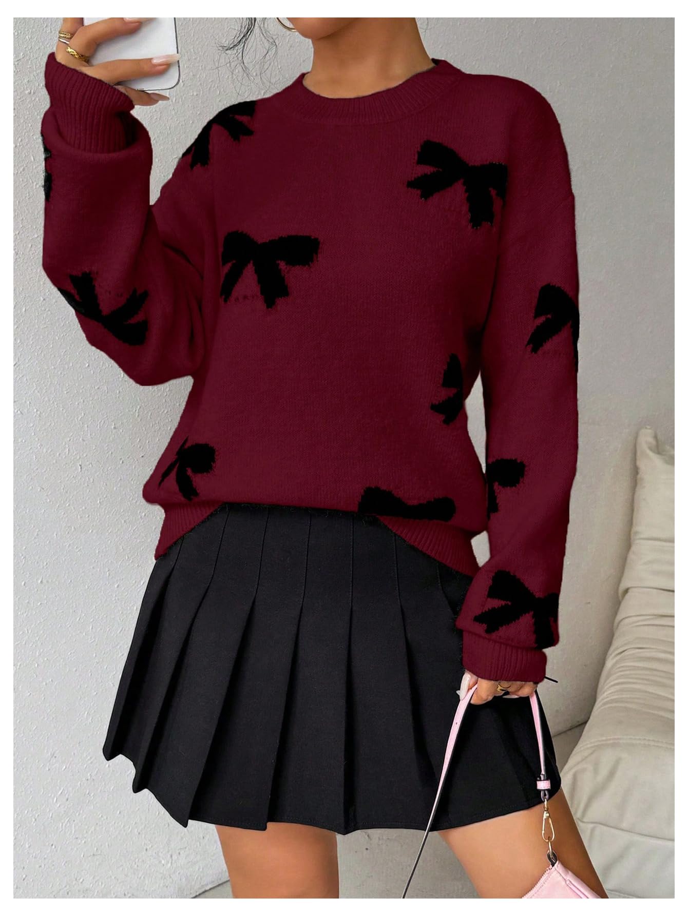 Milumia Women's Bow Print Long Sleeve Drop Shoulder Sweater Crew Neck Knit Pullover Tops Burgundy Large