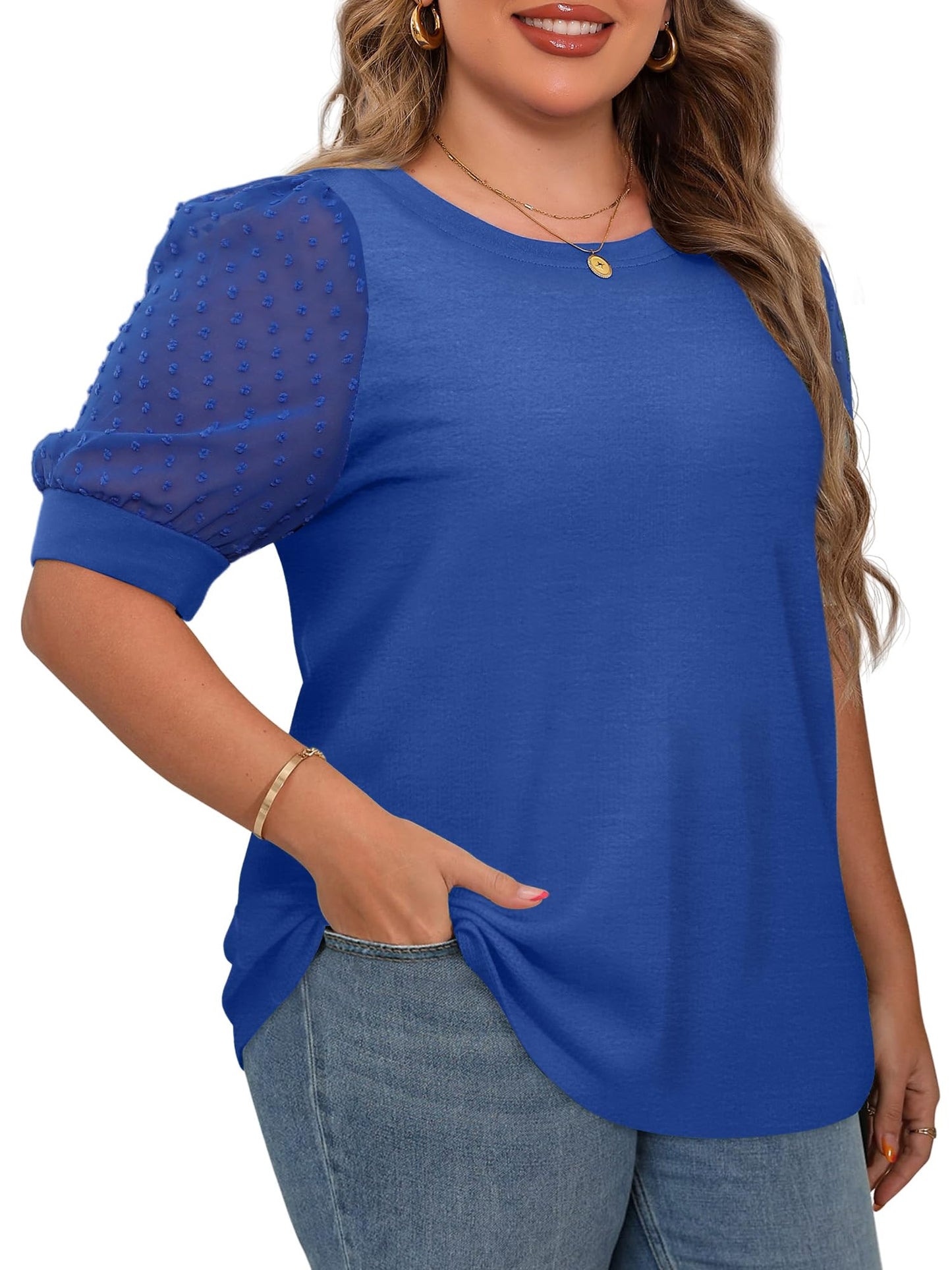 MK Shop Limited Plus Size Tops for Women Contrast Lace Short Sleeve Tee Summer Loose Fit Crewneck Solid Blouse Shirts Blue