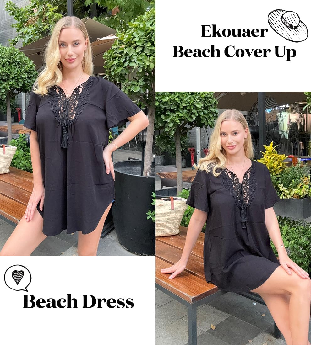 Ekouaer Swimsuit Cover Ups for Women Lace Crochet V-Neck Bikini Beach Coverups Dress for Swimwear Bathing Suit