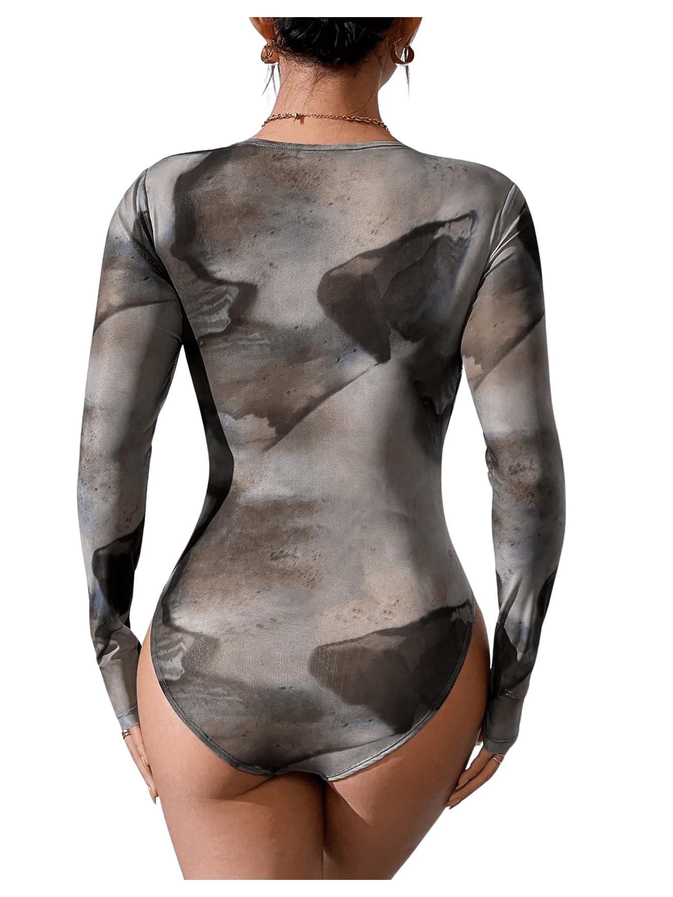 Milumia Women's Tie Dye Wrap Front Ruched Mesh Tee Bodysuit Long Sleeve Leotard Tops Grey X-Large