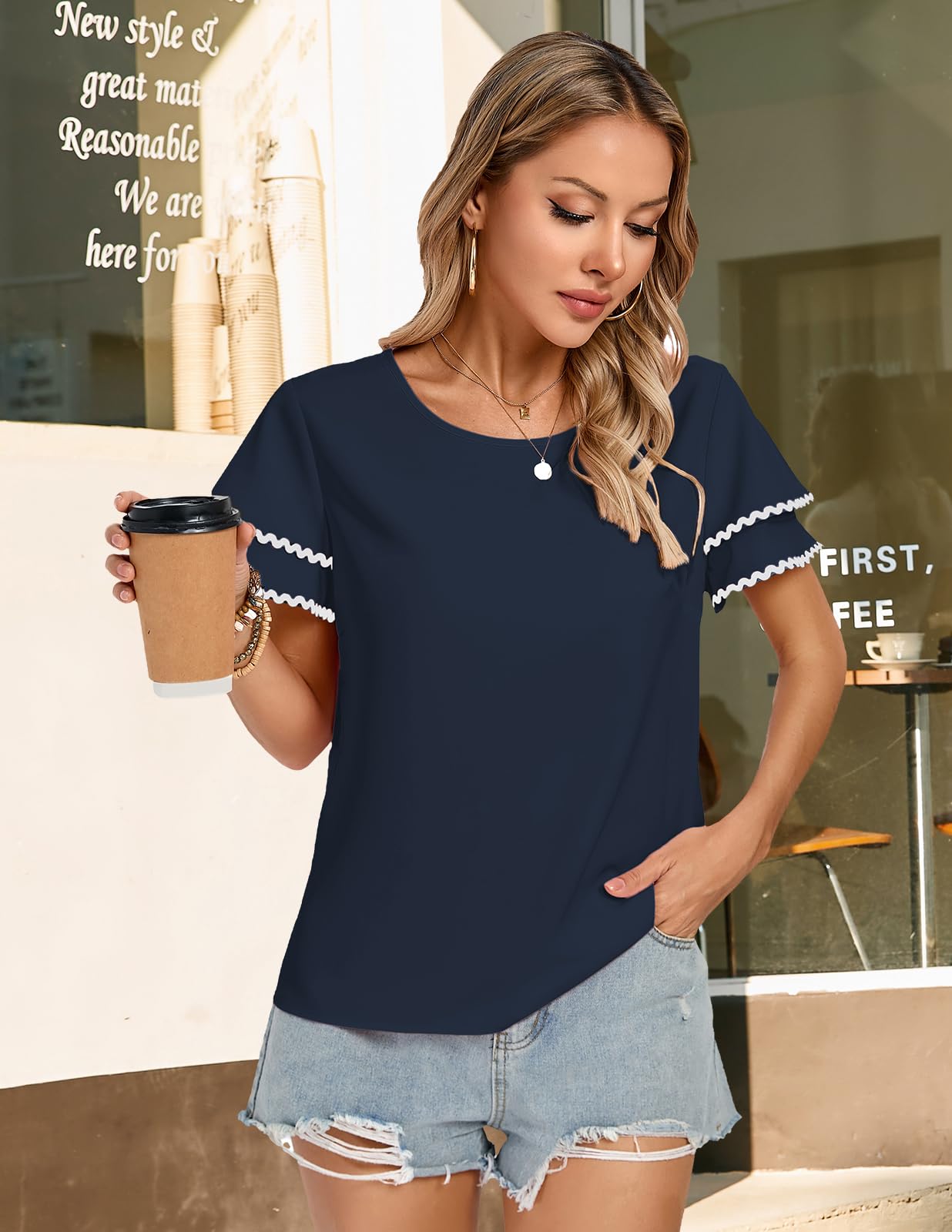 Womens Double Layer Ruffle Short Sleeve Dressy Casual Top Crew Neck Color Block Shirt Keyhole Blouse Navy Blue 2XL