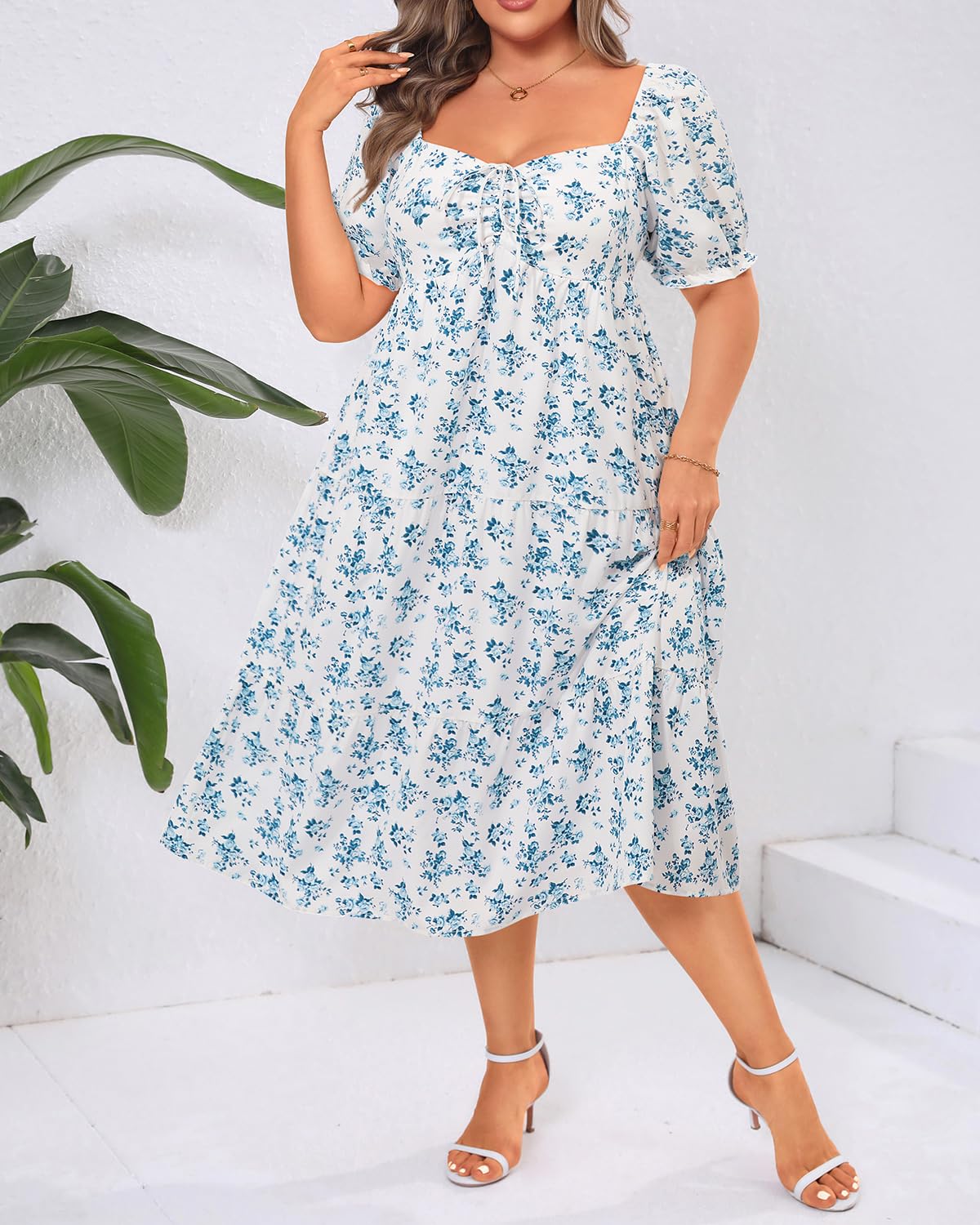 Talisea Plus Size Spring Dresses Women Floral Summer Boho Sundress Casual Beach Blue White Milkmaid Flowy Easter Midi Dress