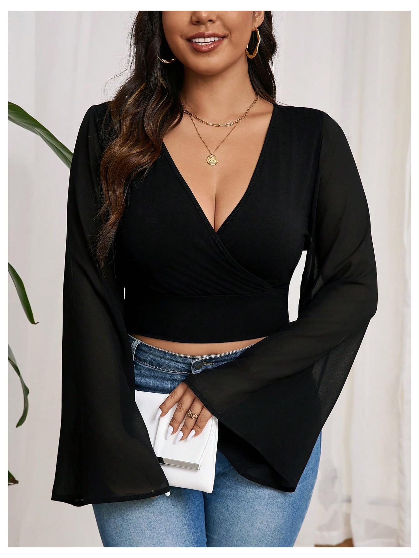 MakeMeChic Women's Plus Size Bell Sleeve Tee Shirt Deep V Neck Wrap Front Crop Tops Black 3XL