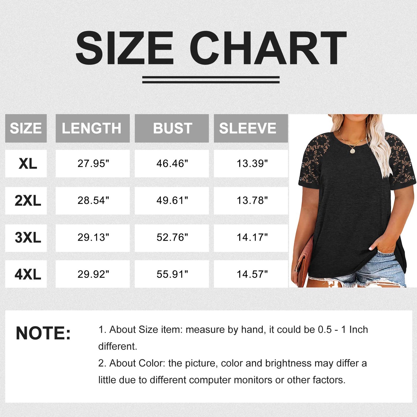 HDLTE Plus Size Tops for Women Summer Round Neck Casual Shirts Lace Short Sleeve Tees Blouse (Black, 1X)