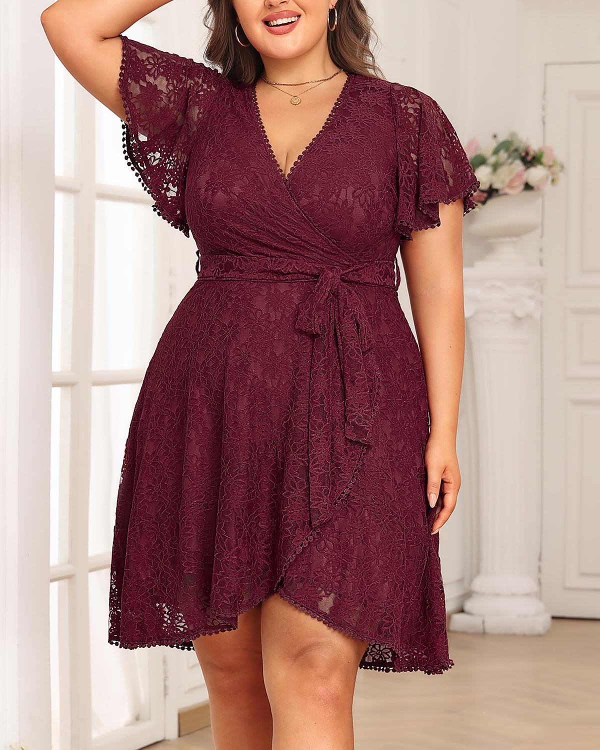 Wedding Guest Dresses Plus Size Burgundy Fall Cocktail Women Red Lace Semi Formal Maroon Holiday Party Valentines Dress