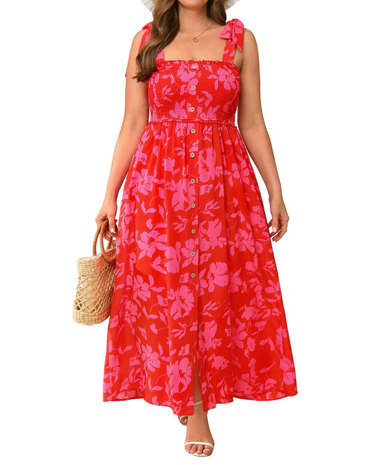 Plus Size Sundress Floral Red Summer Maxi Beach Boho Spaghetti Strap Casual Long Square Neck Smocked Spring Sun Dress