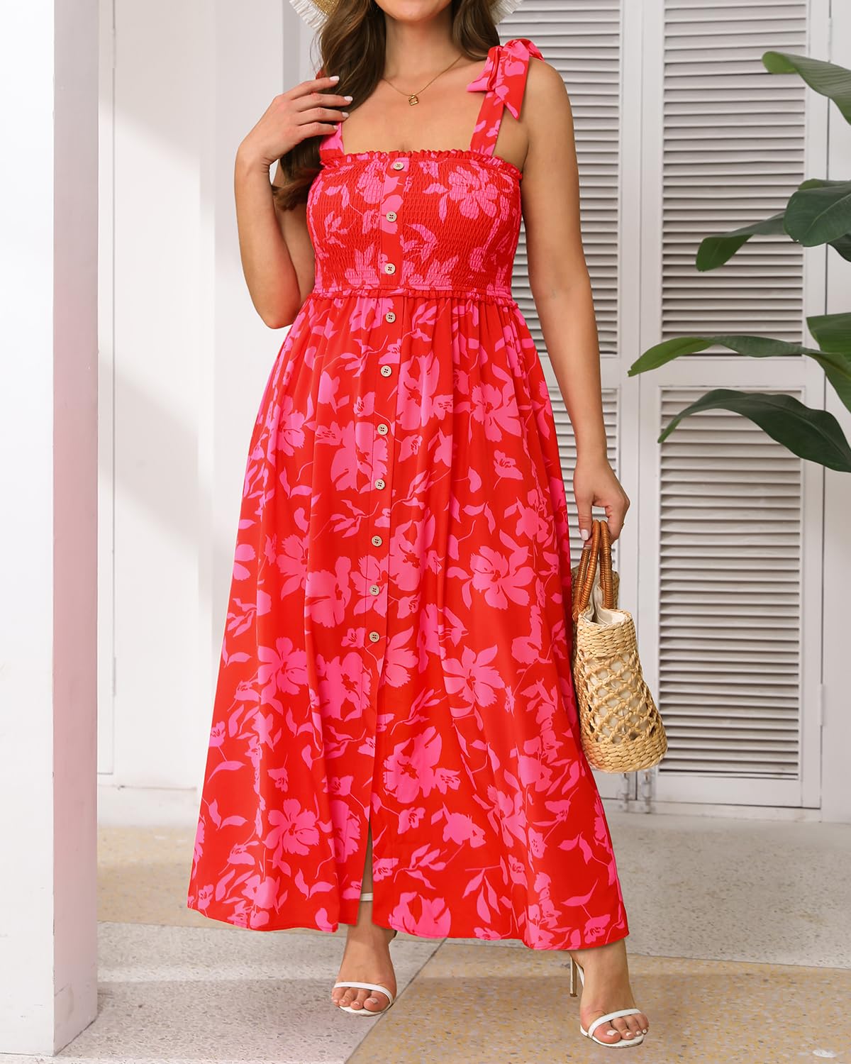 Plus Size Sundress Floral Red Summer Maxi Beach Boho Spaghetti Strap Casual Long Square Neck Smocked Spring Sun Dress