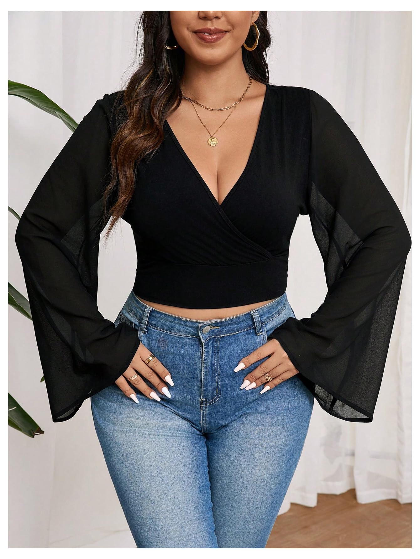 MakeMeChic Women's Plus Size Bell Sleeve Tee Shirt Deep V Neck Wrap Front Crop Tops Black 3XL