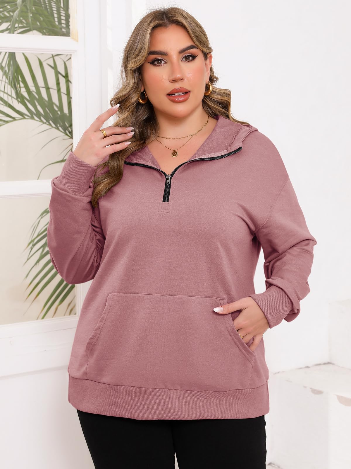 TAKEYAL Womens Plus Size Pullover Long Sleeve Half Zip Oversized Sweatshirt Drop Shoulder Hoodies Fall Spring Y2K Clothes (Pink purple, XL)