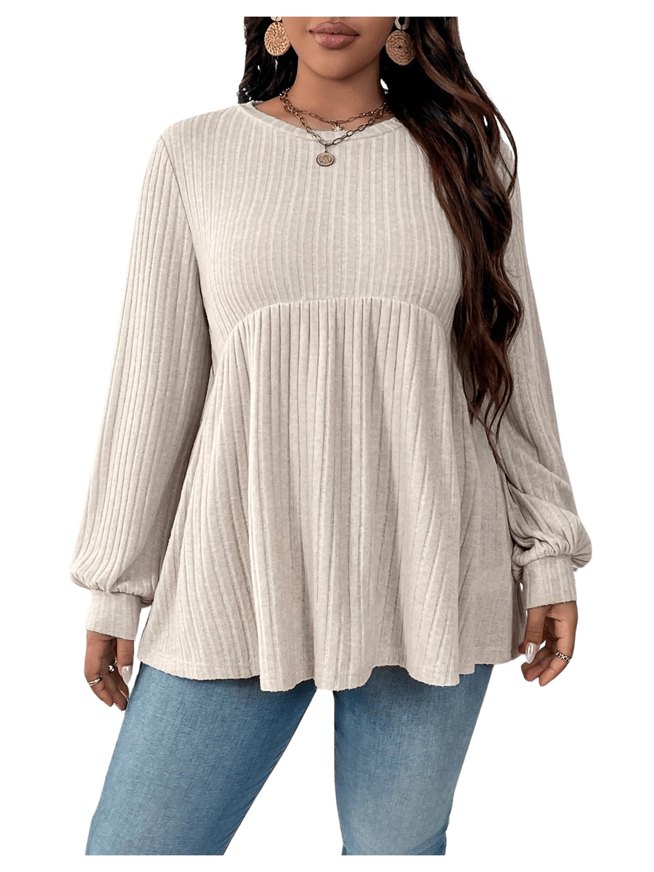 MakeMeChic Women's Plus Size Peplum Tops Crew Neck Ruffle Hem Long Sleeve Fall Cute Tops Tee Shirts Beige X-Large Plus