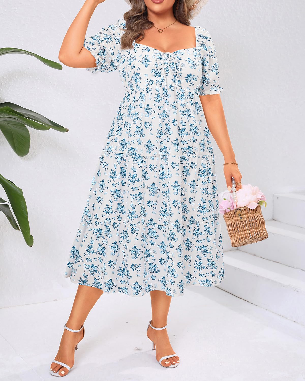 Talisea Plus Size Spring Dresses Women Floral Summer Boho Sundress Casual Beach Blue White Milkmaid Flowy Easter Midi Dress