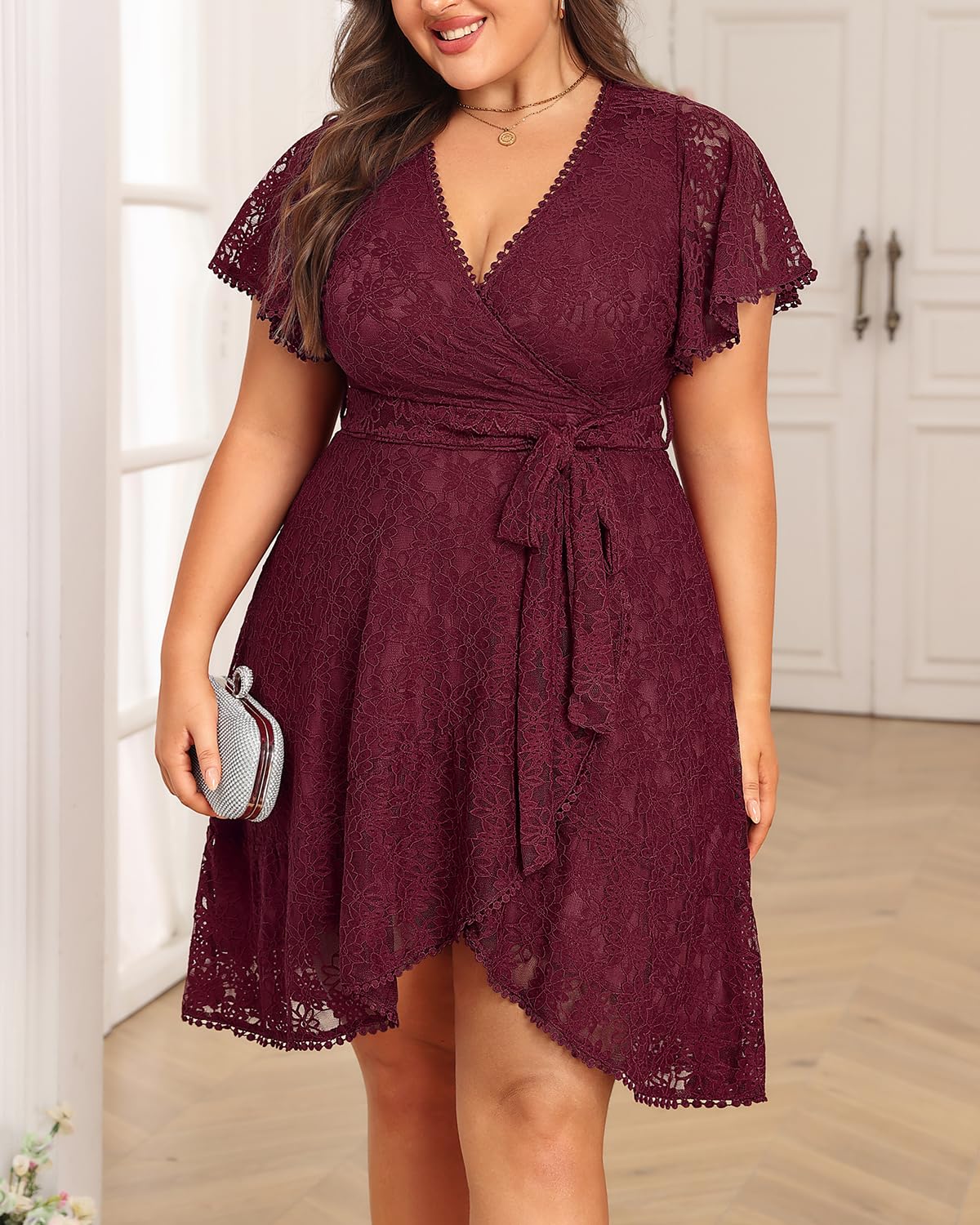 Wedding Guest Dresses Plus Size Burgundy Fall Cocktail Women Red Lace Semi Formal Maroon Holiday Party Valentines Dress