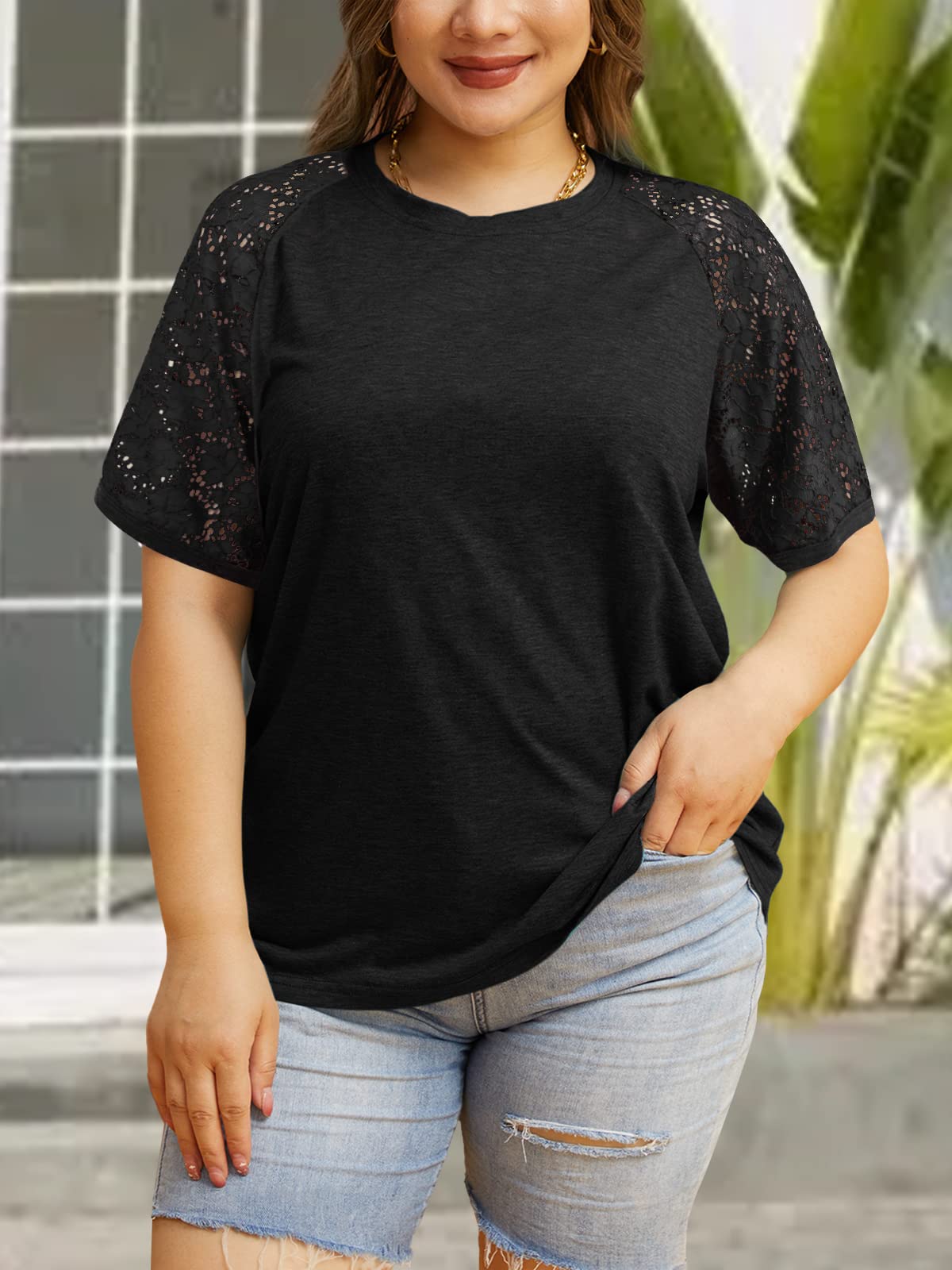 HDLTE Plus Size Tops for Women Summer Round Neck Casual Shirts Lace Short Sleeve Tees Blouse (Black, 1X)