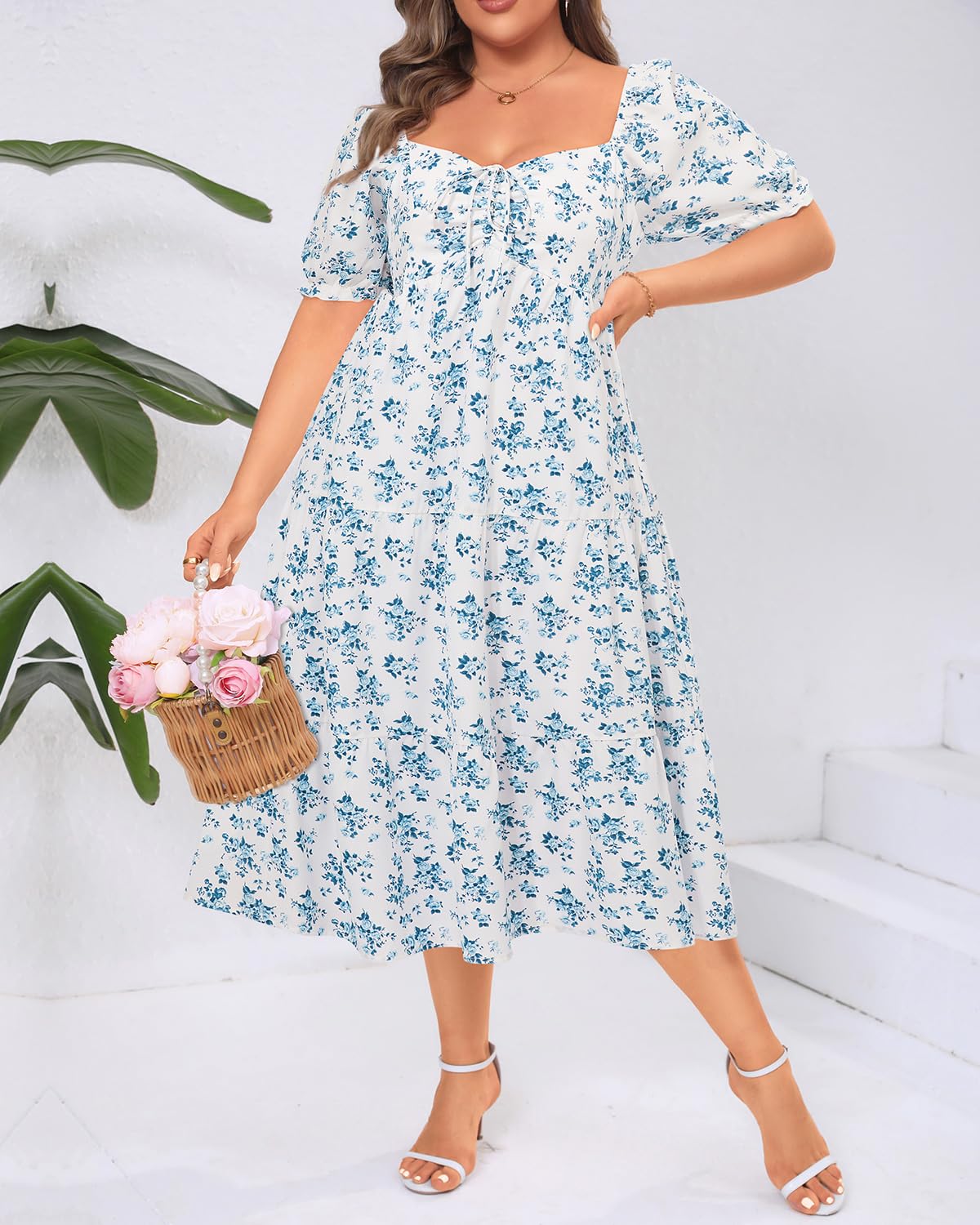 Talisea Plus Size Spring Dresses Women Floral Summer Boho Sundress Casual Beach Blue White Milkmaid Flowy Easter Midi Dress