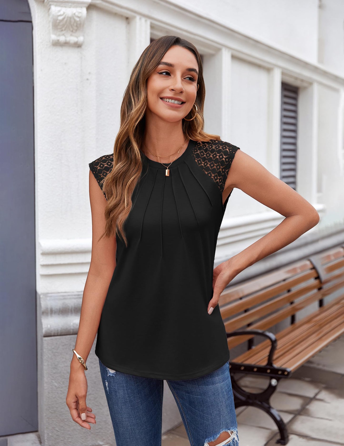 Zeagoo Womens Tank Tops Lace Cap Sleeve Tops Dressy Casual Sleeveless Blouses Pleated Work Shirts Black