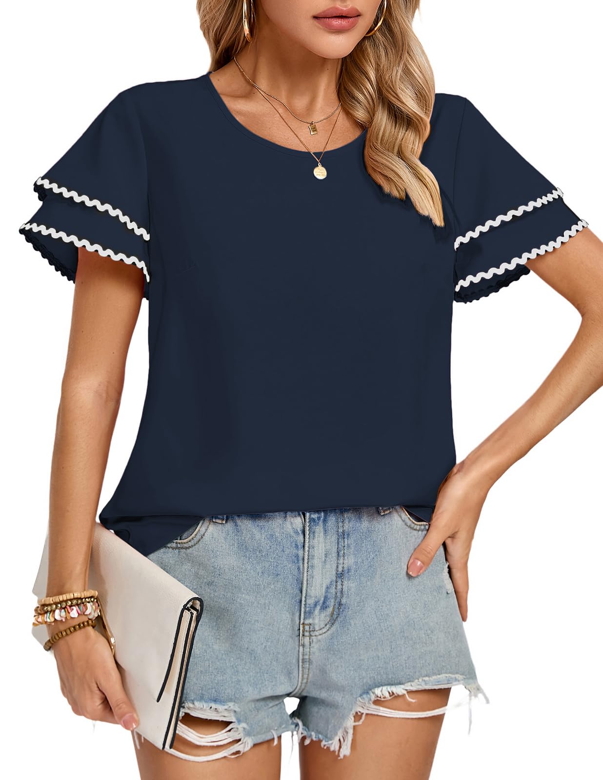 Womens Double Layer Ruffle Short Sleeve Dressy Casual Top Crew Neck Color Block Shirt Keyhole Blouse Navy Blue 2XL