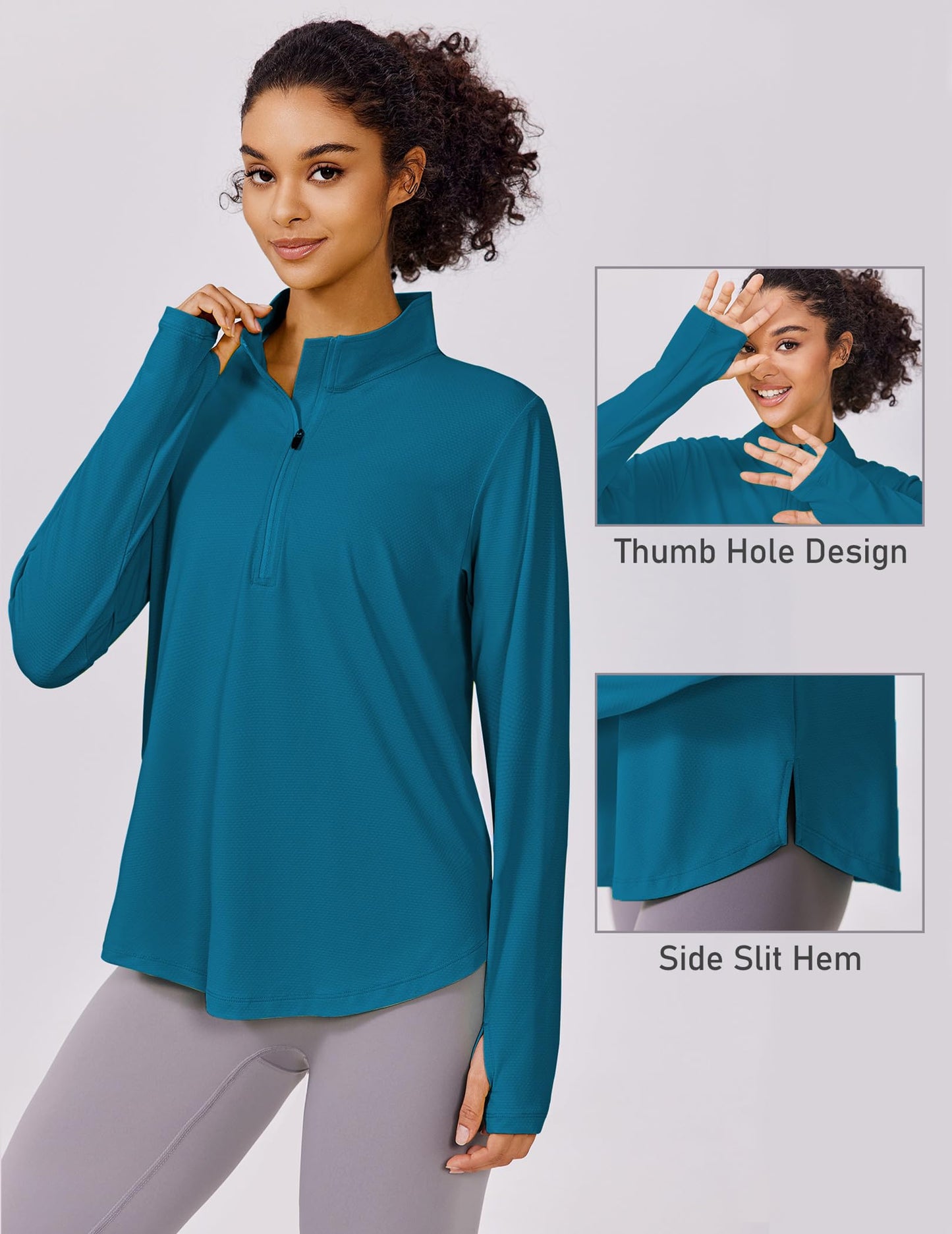 PINSPARK Women's UPF 50+ Sun Shirts Long Sleeve Half Zip Pullover Lightweight Quick Dry Hiking Running Workout Tops Summer Clothes,Blue Green XL