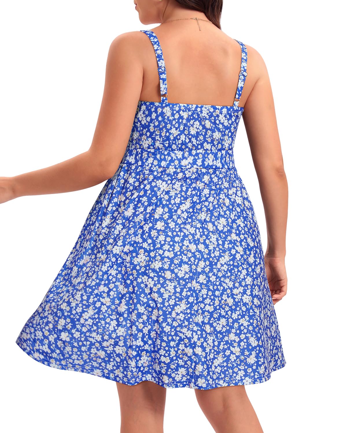 Plus Size Sundress Summer Casual Floral Blue Short Beach Boho Spaghetti Strap Sleeveless A Line Dress with Pockets