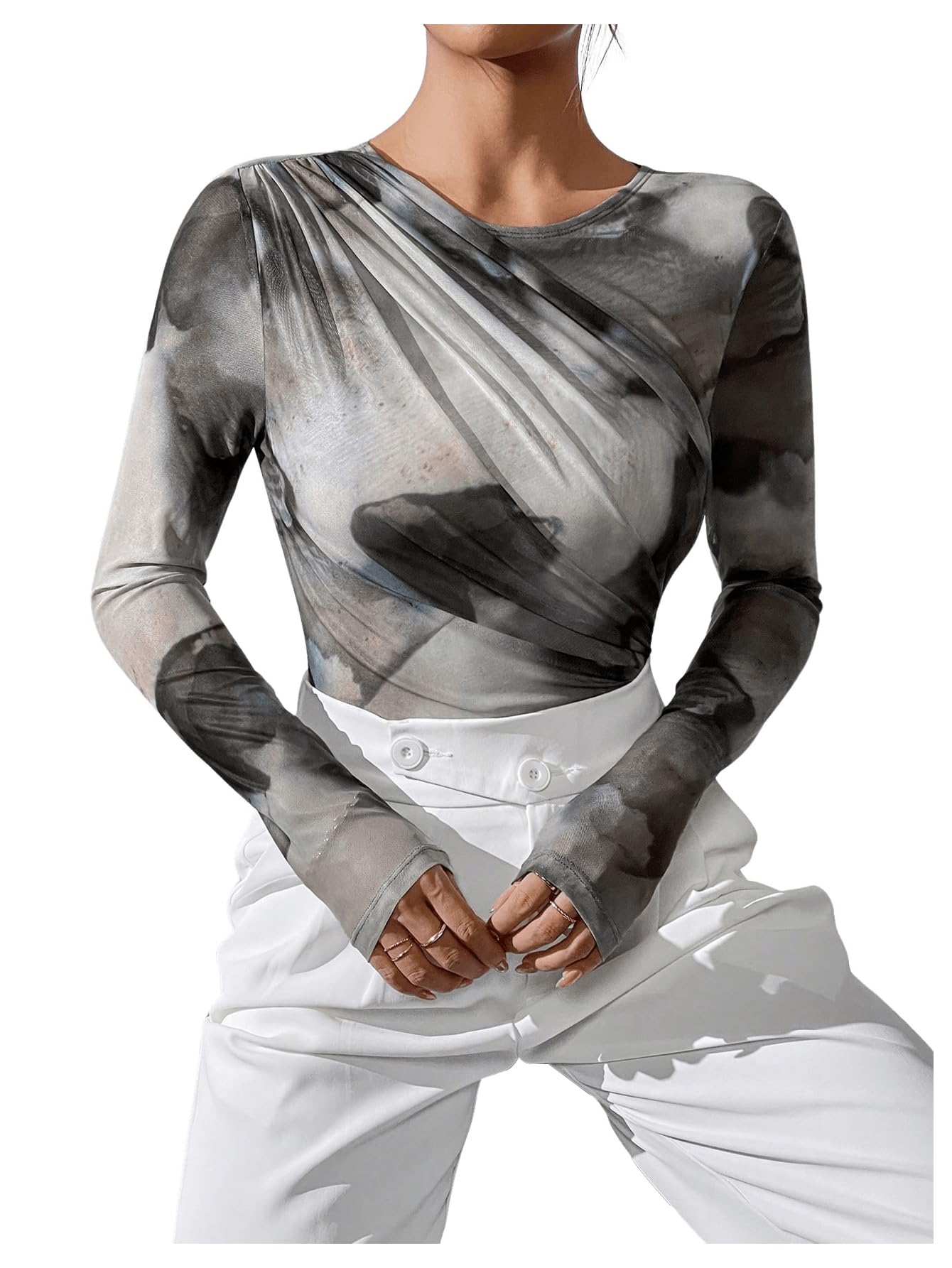 Milumia Women's Tie Dye Wrap Front Ruched Mesh Tee Bodysuit Long Sleeve Leotard Tops Grey X-Large