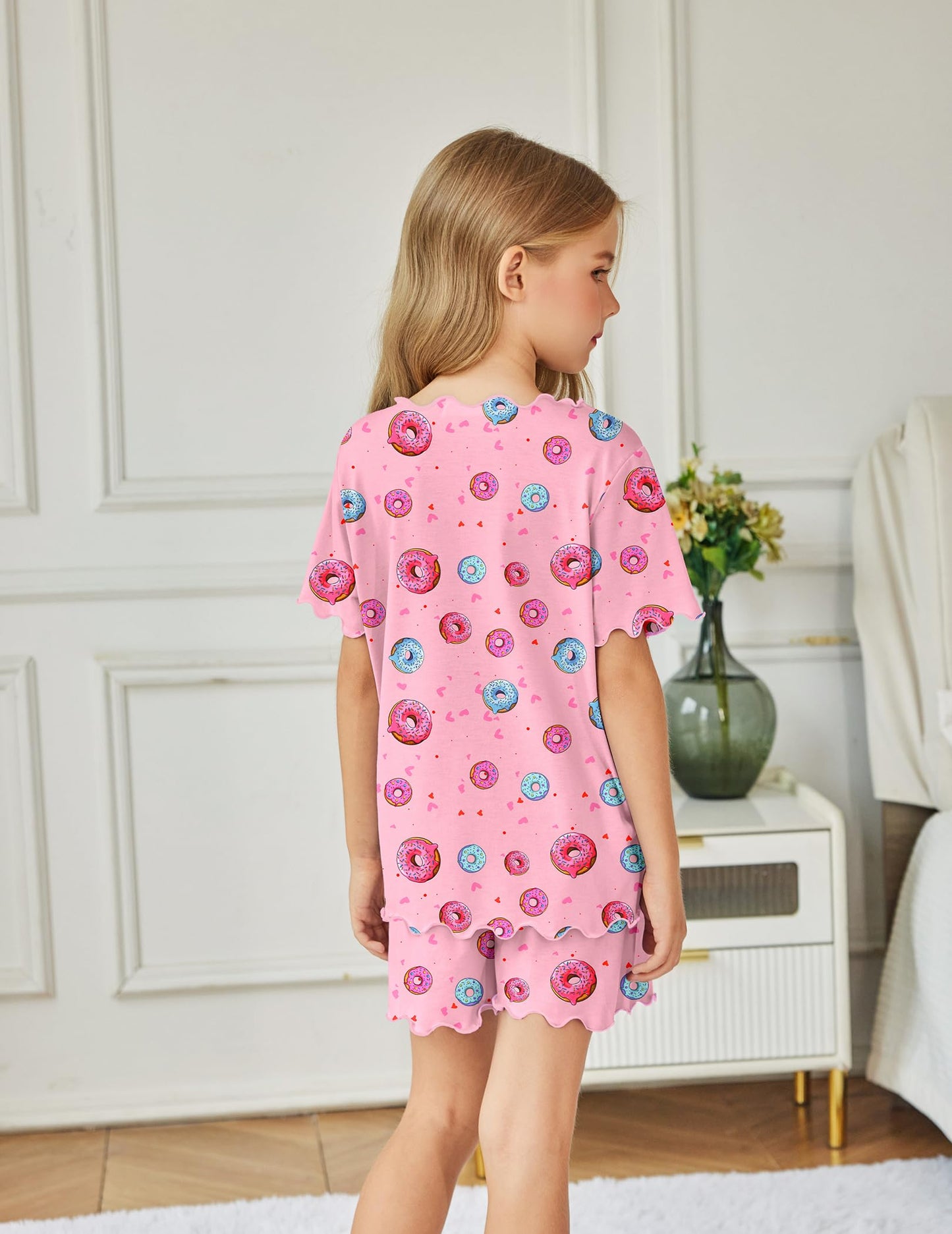 Arshiner Girls Pajama Set Short Sleeve Lounge Set Soft Shirring Summer Sleepwear Pj Sets Pink Donut 12-13 Years