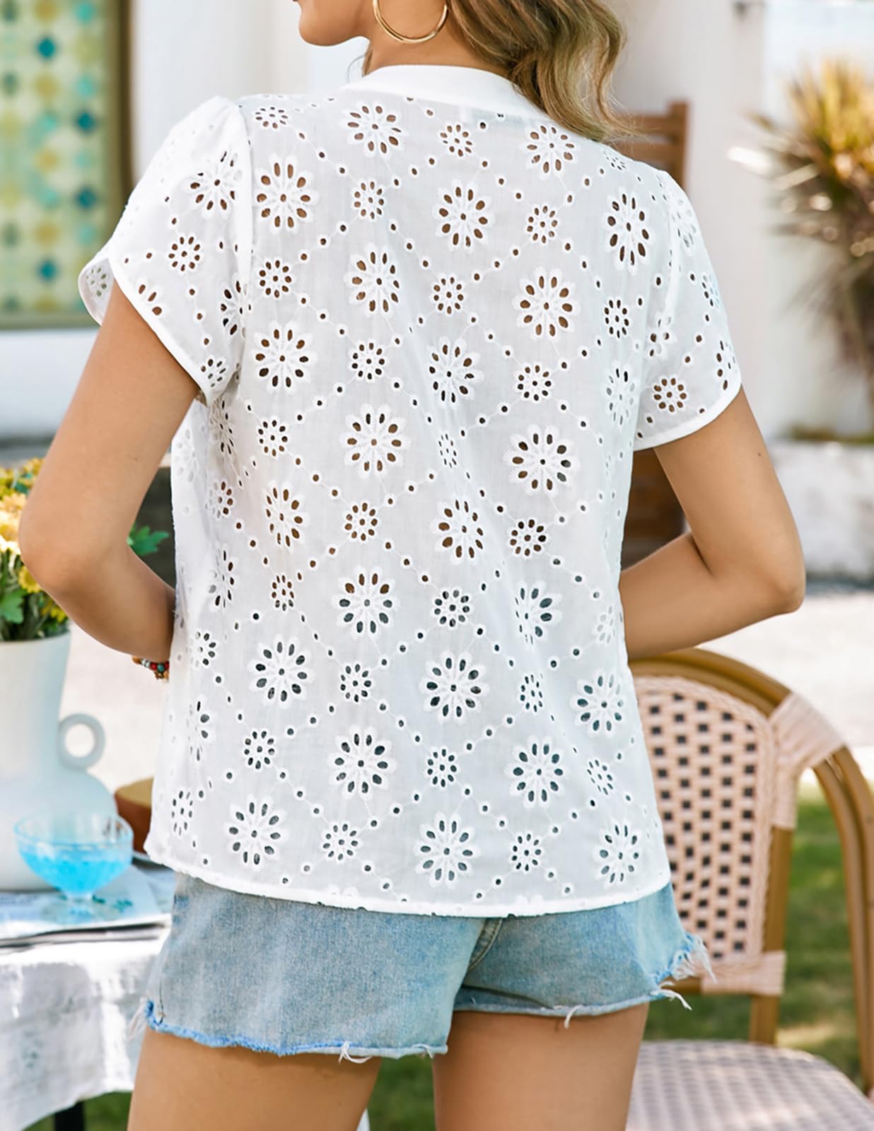 Women's Summer Dressy Casual Blouses Short Petal Sleeves Eyelet Lace Embroidered White Plus Size Tshirt XXL