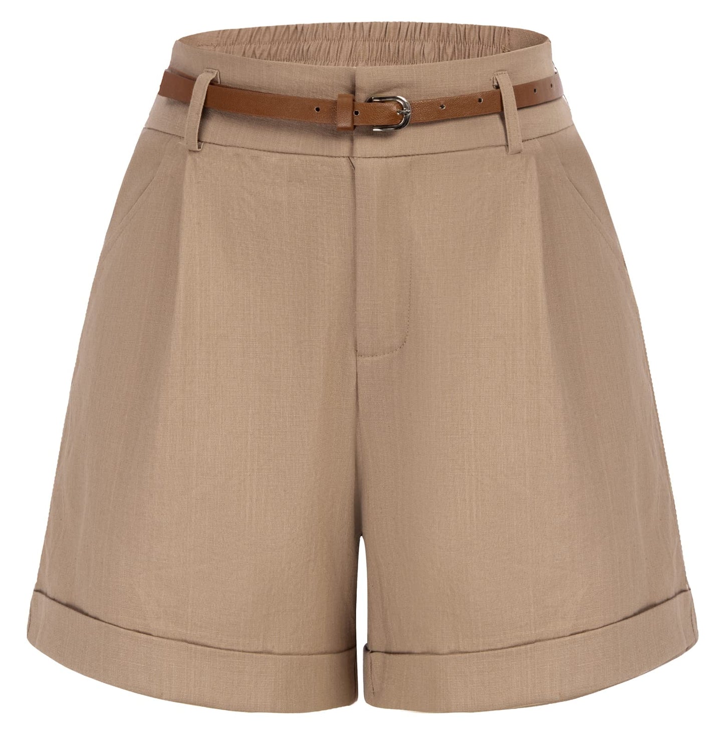 Belle Poque Women's Linen Shorts Khaki High Waist Shorts for Women with Pockets (Khaki, XL)