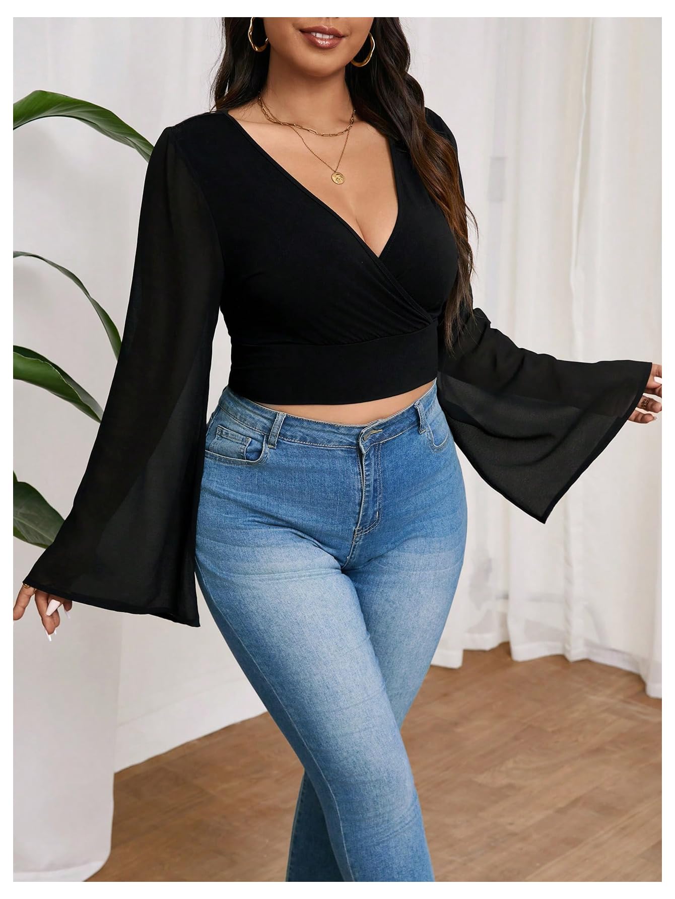 MakeMeChic Women's Plus Size Bell Sleeve Tee Shirt Deep V Neck Wrap Front Crop Tops Black 3XL