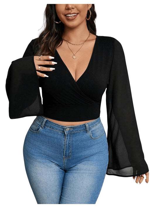 MakeMeChic Women's Plus Size Bell Sleeve Tee Shirt Deep V Neck Wrap Front Crop Tops Black 3XL