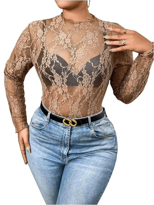 SHENHE Women's Plus Size Floral Lace Mesh Long Sleeve Sheer See Through Crop Top Sexy Blouse Brown 2XL