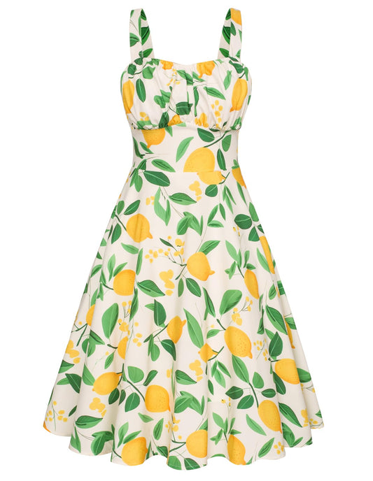 2024 Summer Causal Lemon Floral Dress 1950s Vintage Style Print Sweatheart Neck High Waist Aline Swing Dress Large