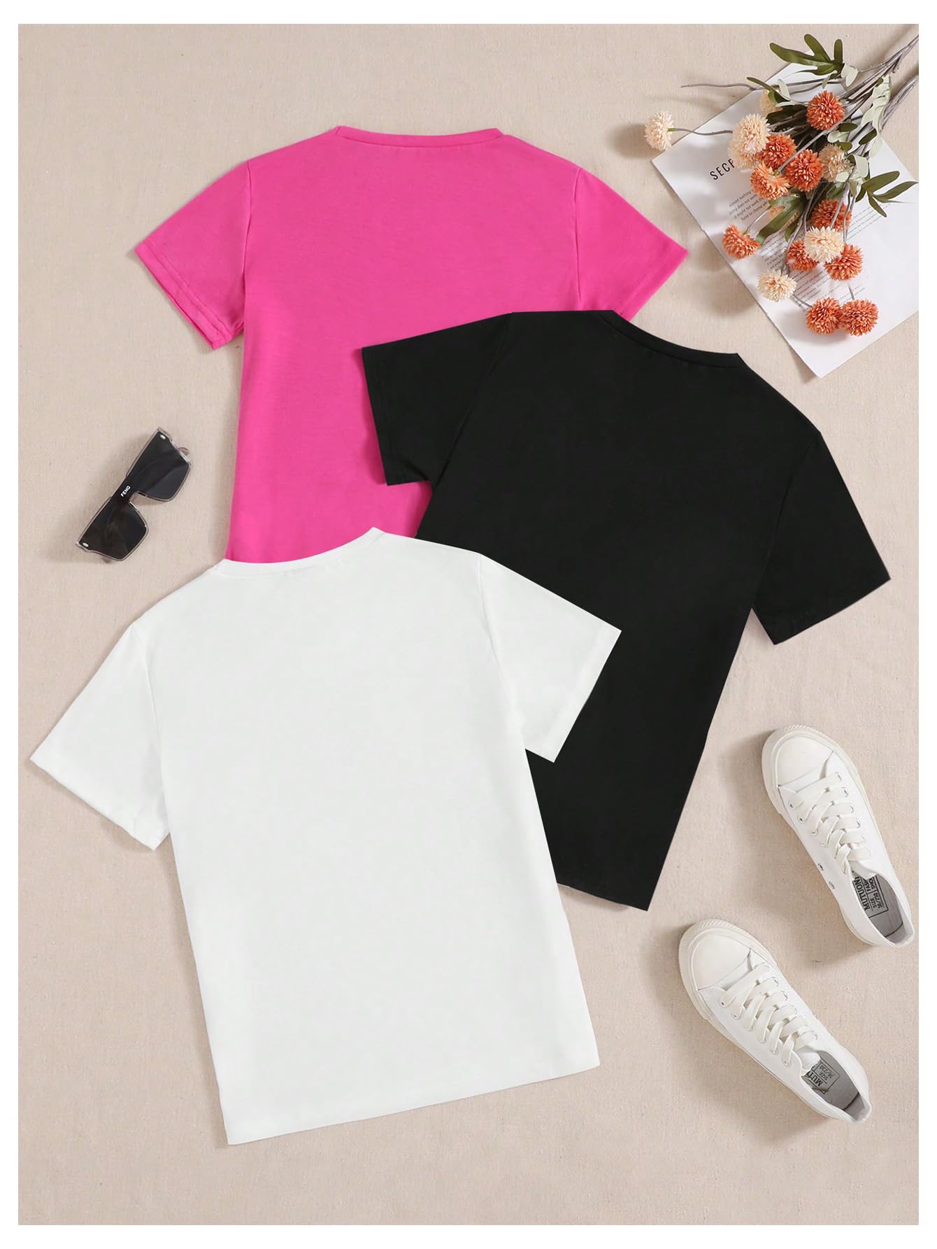 SHENHE Girl's Graphic Tees Crew Neck Short Sleeve Cute Summer Tops 3 Packs T Shirts Black White Pink 12 Years