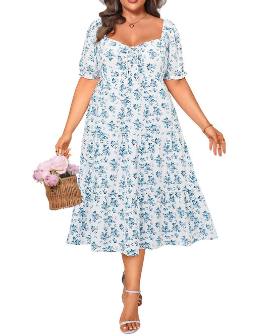 Talisea Plus Size Spring Dresses Women Floral Summer Boho Sundress Casual Beach Blue White Milkmaid Flowy Easter Midi Dress