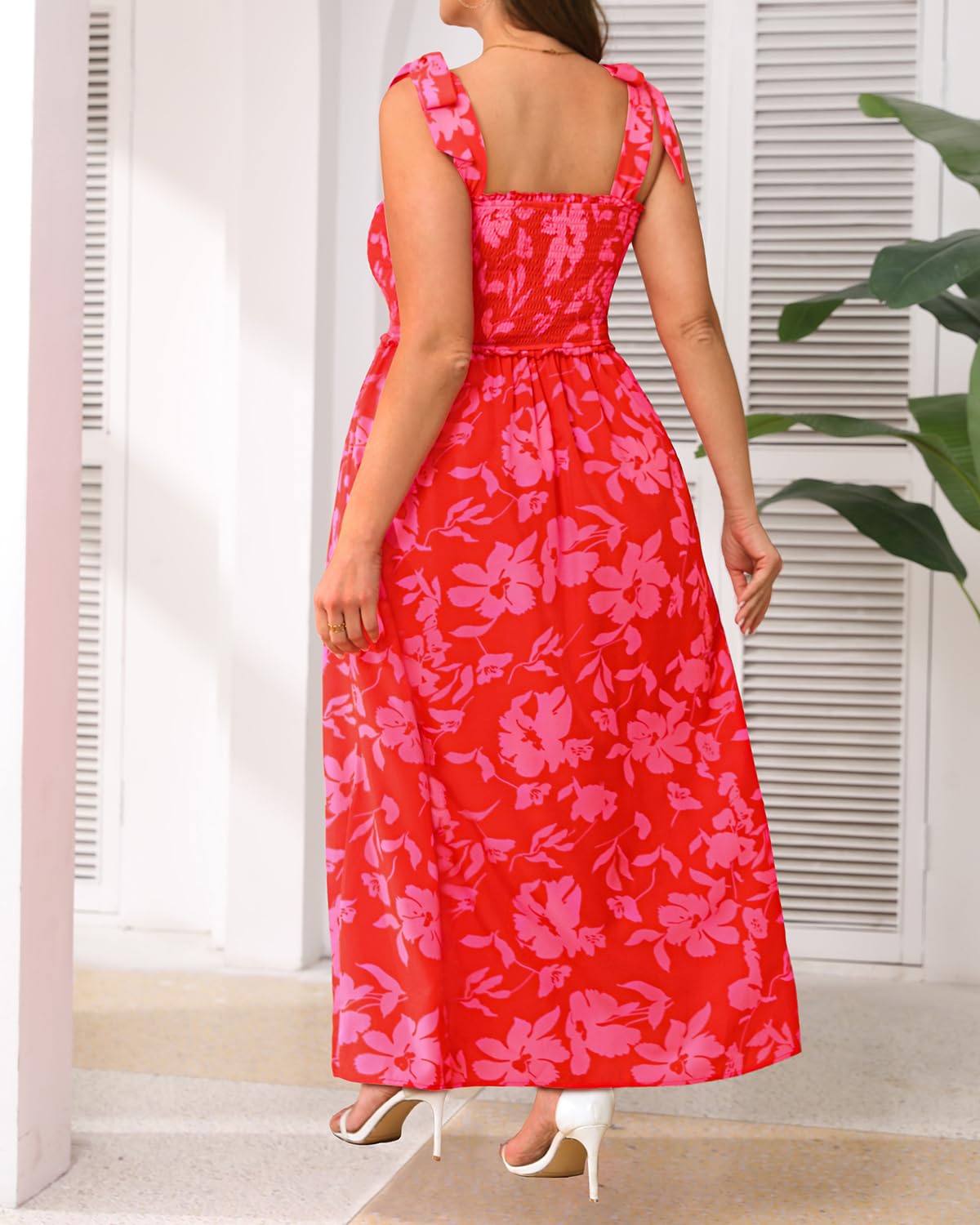 Plus Size Sundress Floral Red Summer Maxi Beach Boho Spaghetti Strap Casual Long Square Neck Smocked Spring Sun Dress