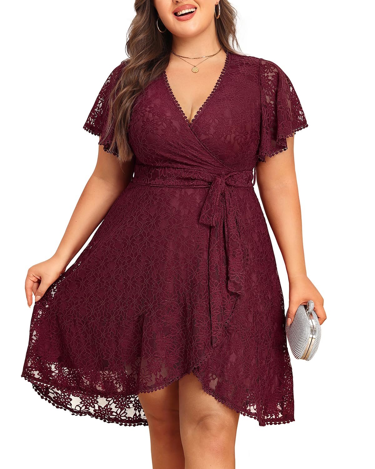 Wedding Guest Dresses Plus Size Burgundy Fall Cocktail Women Red Lace Semi Formal Maroon Holiday Party Valentines Dress