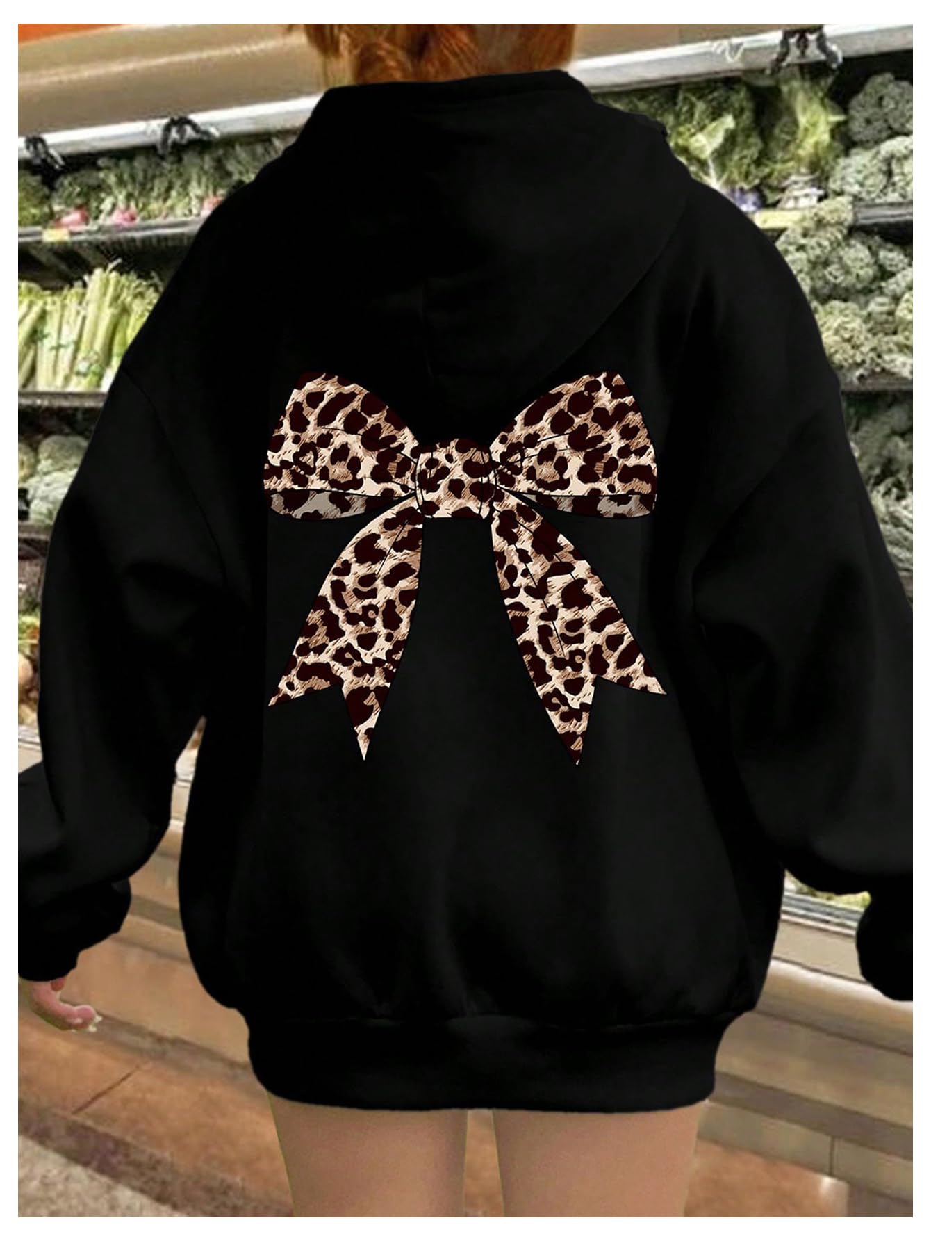 Milumia Women's Leopard Bow Print Drawstring Hoodies Long Sleeve Oversized Sweatshirt Multi Black Large