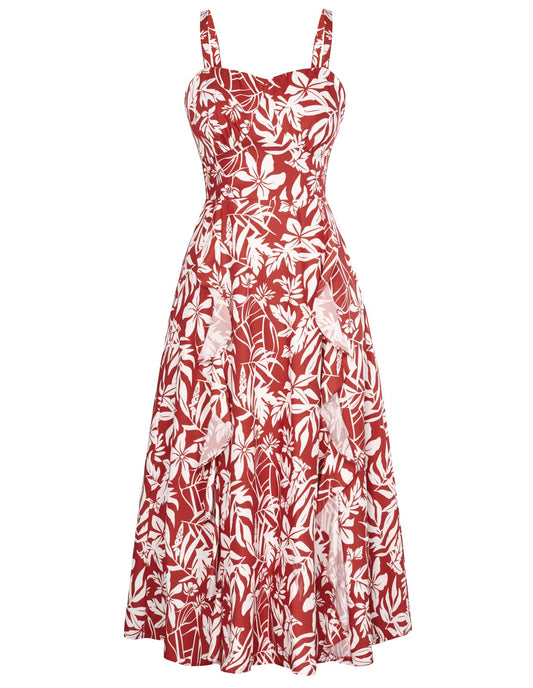 Belle Poque Floral Midi Dress Summer Bohemian Dress for Women Floral Wedding Guest Dress Red and White Floral, S