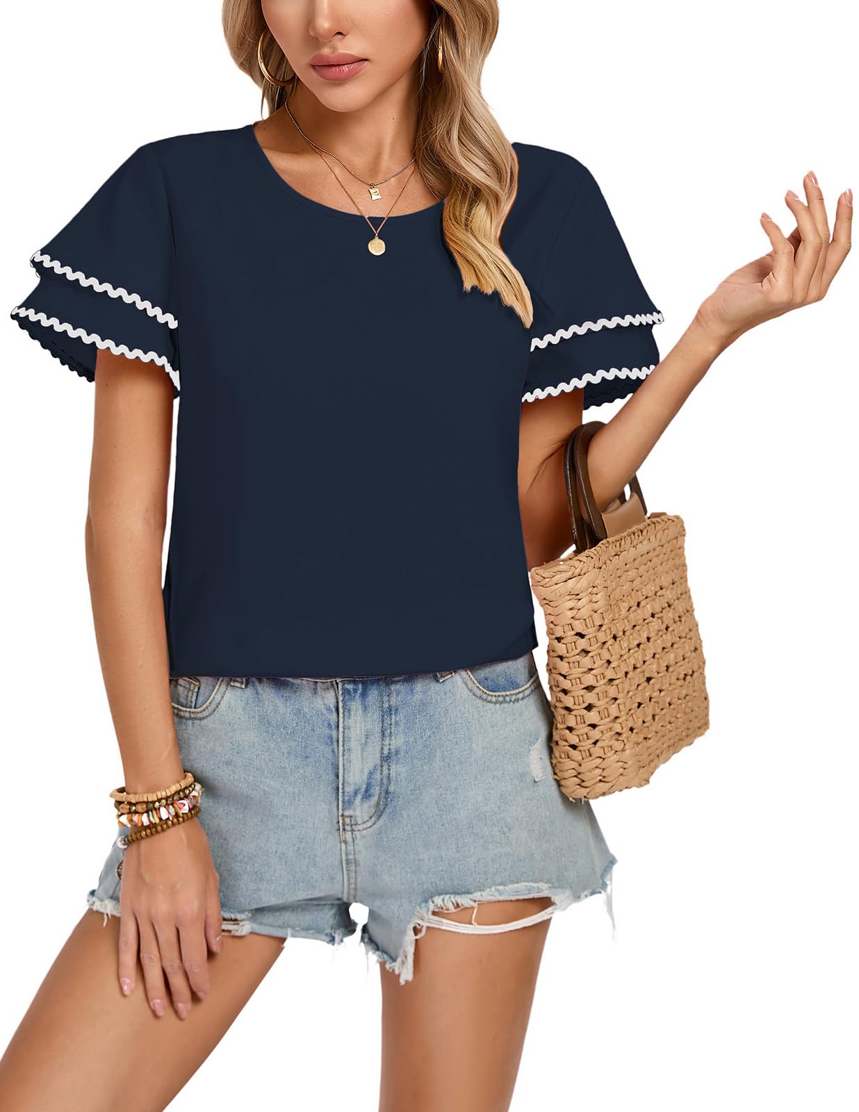 Womens Double Layer Ruffle Short Sleeve Dressy Casual Top Crew Neck Color Block Shirt Keyhole Blouse Navy Blue 2XL