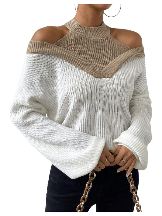 Milumia Women's Fall Color Block Off The Shoulder Crew Neck Long Sleeve Knitted Pullover Sweater White and Brown Large