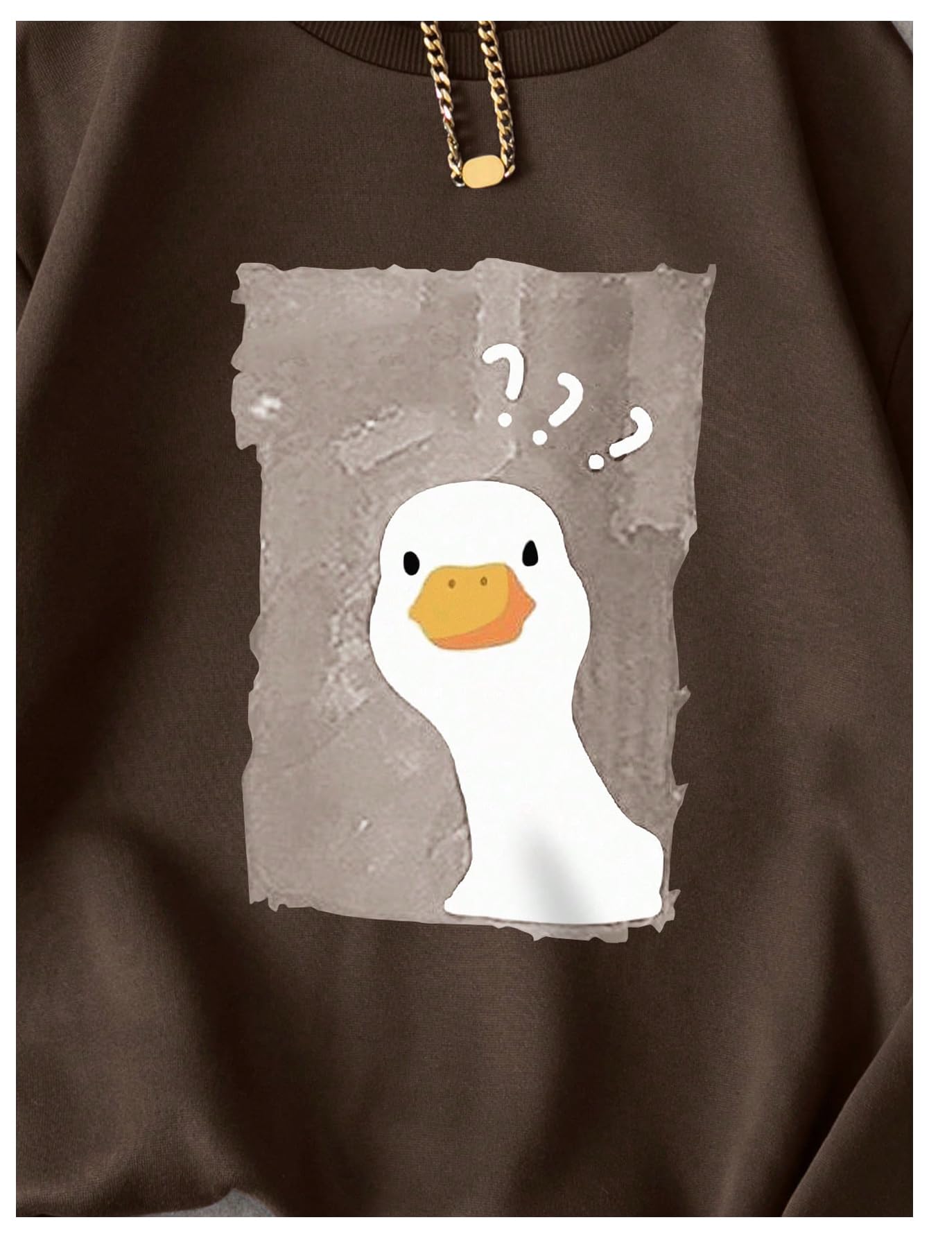 WDIRARA Women's Cartoon Duck Printed Crew Neck Sweatshirt Graphic Long Sleeve Loose Pullover Chocolate Brown Medium