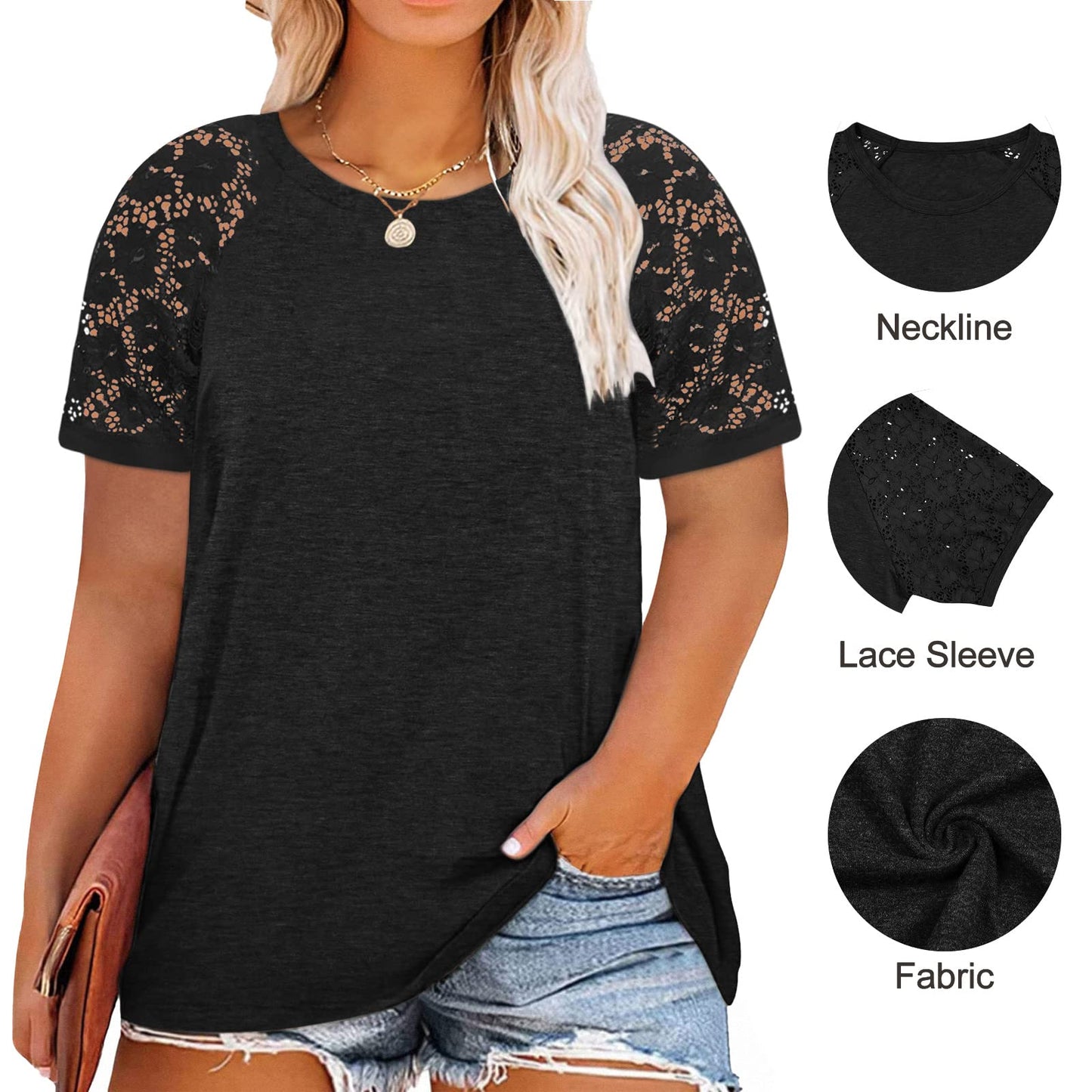 HDLTE Plus Size Tops for Women Summer Round Neck Casual Shirts Lace Short Sleeve Tees Blouse (Black, 1X)