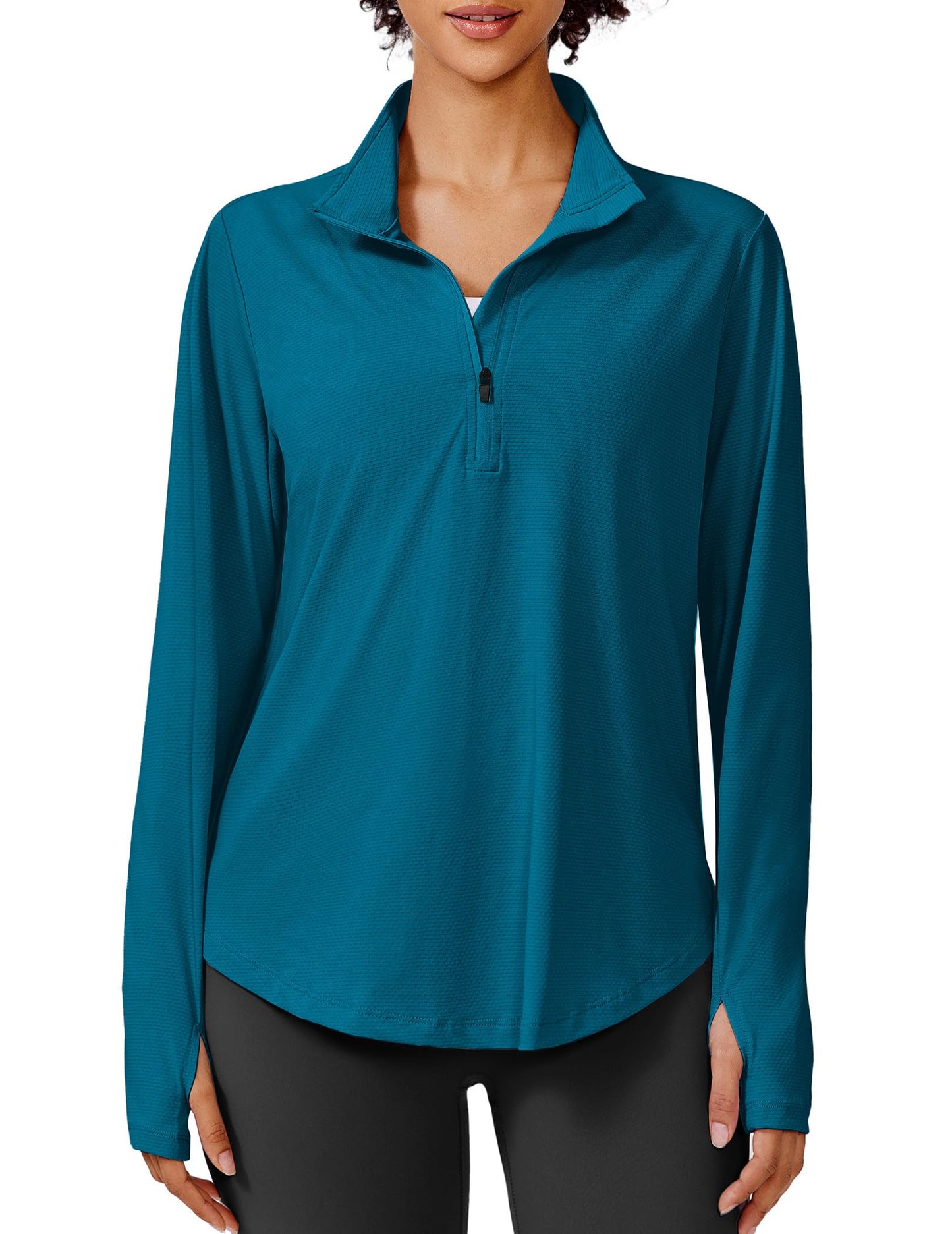 PINSPARK Women's UPF 50+ Sun Shirts Long Sleeve Half Zip Pullover Lightweight Quick Dry Hiking Running Workout Tops Summer Clothes,Blue Green XL