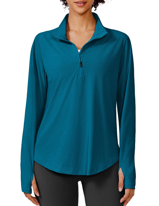 PINSPARK Women's UPF 50+ Sun Shirts Long Sleeve Half Zip Pullover Lightweight Quick Dry Hiking Running Workout Tops Summer Clothes,Blue Green XL