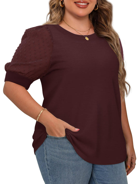 MK Shop Limited Plus Size Tops for Women Contrast Lace Short Sleeve Tee Summer Loose Fit Crewneck Solid Blouse Shirts Purple