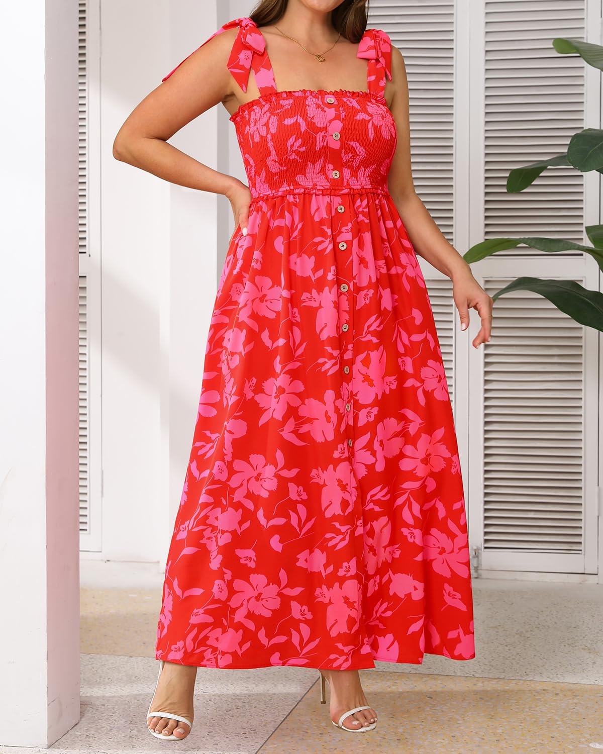 Plus Size Sundress Floral Red Summer Maxi Beach Boho Spaghetti Strap Casual Long Square Neck Smocked Spring Sun Dress