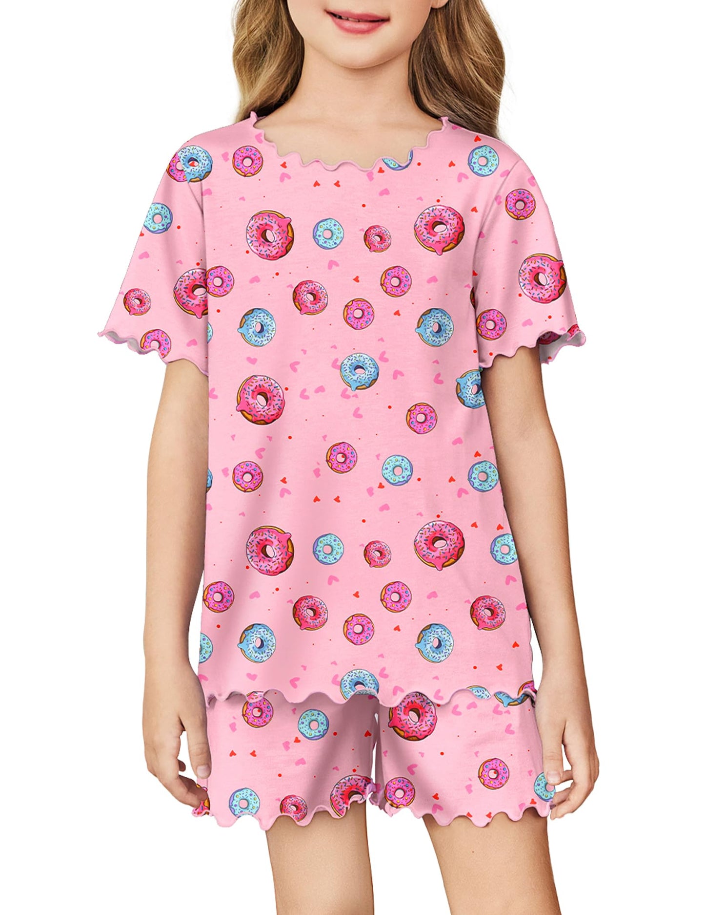 Arshiner Girls Pajama Set Short Sleeve Lounge Set Soft Shirring Summer Sleepwear Pj Sets Pink Donut 12-13 Years