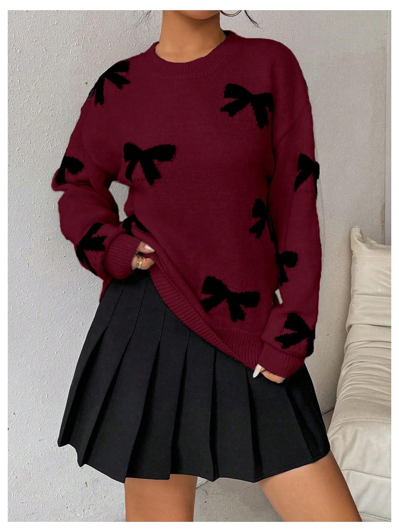 Milumia Women's Bow Print Long Sleeve Drop Shoulder Sweater Crew Neck Knit Pullover Tops Burgundy Large