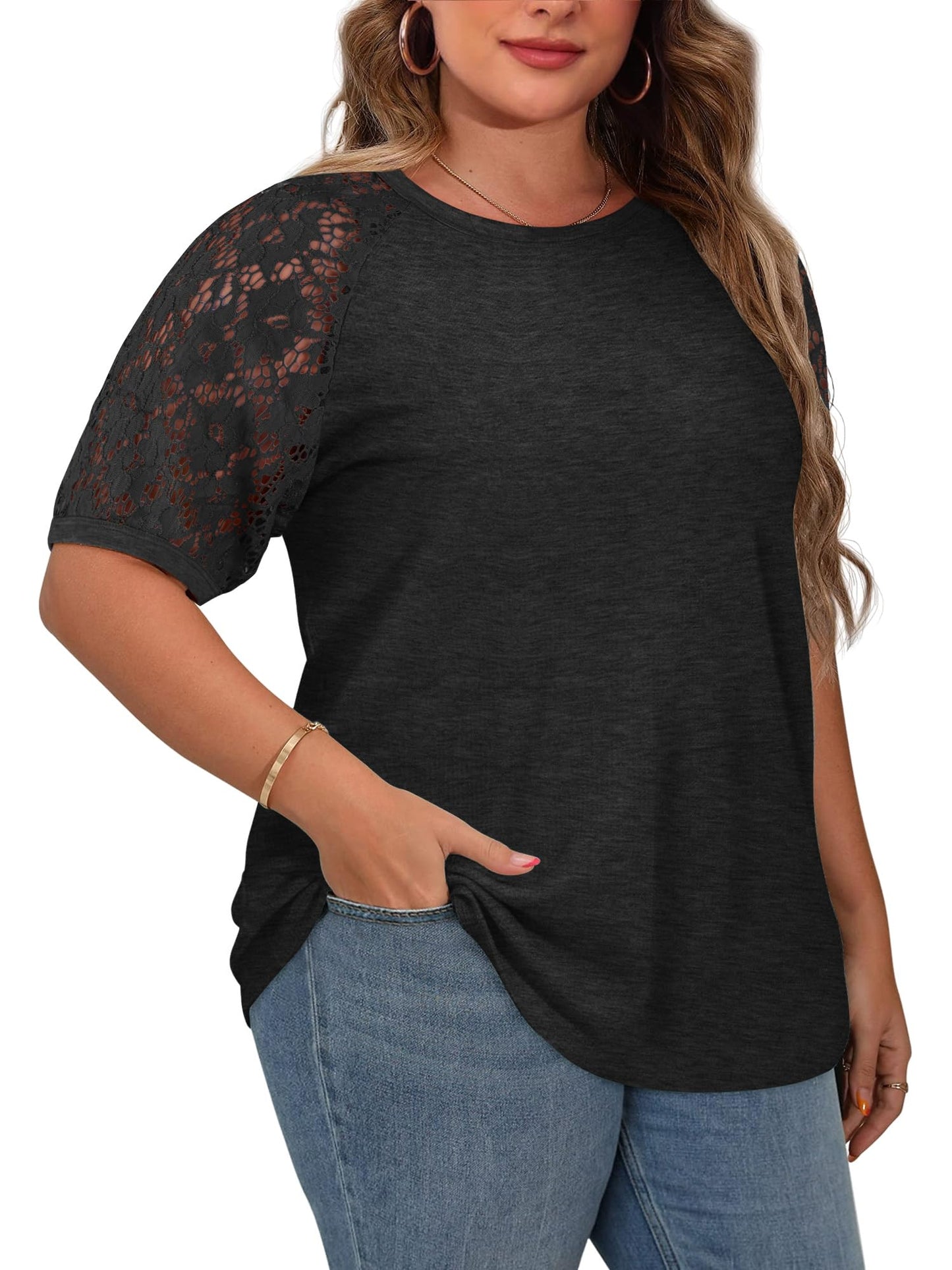 HDLTE Plus Size Tops for Women Summer Round Neck Casual Shirts Lace Short Sleeve Tees Blouse (Black, 1X)