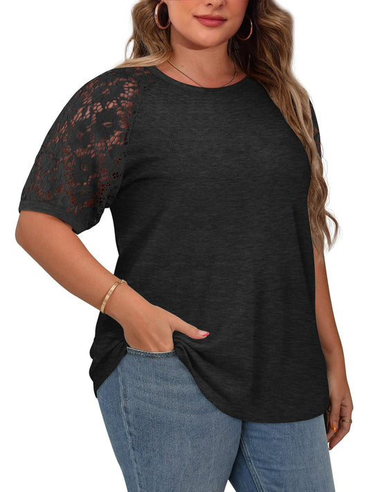 HDLTE Plus Size Tops for Women Summer Round Neck Casual Shirts Lace Short Sleeve Tees Blouse (Black, 1X)